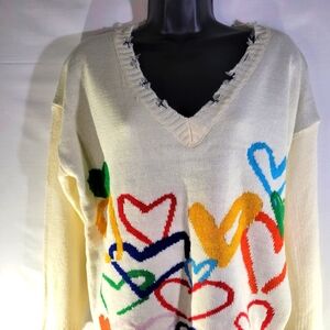 Runway 7 Multicolor Heart Distressed V-Neck Sweater Size M Valentine Style